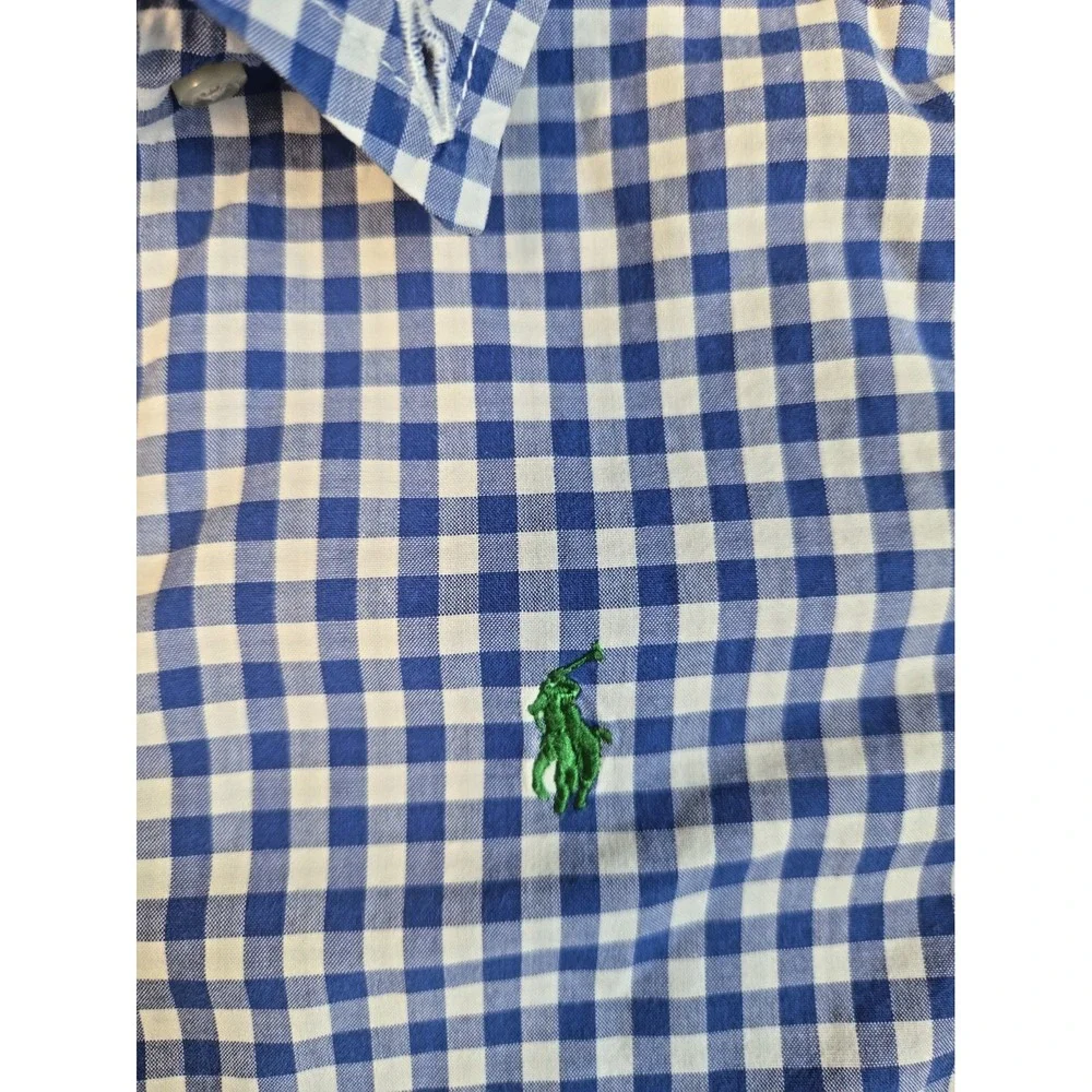 Ralph Lauren Kids Blue Gingham Button Down Shirt Size 5 Green Pony Logo Long Slv